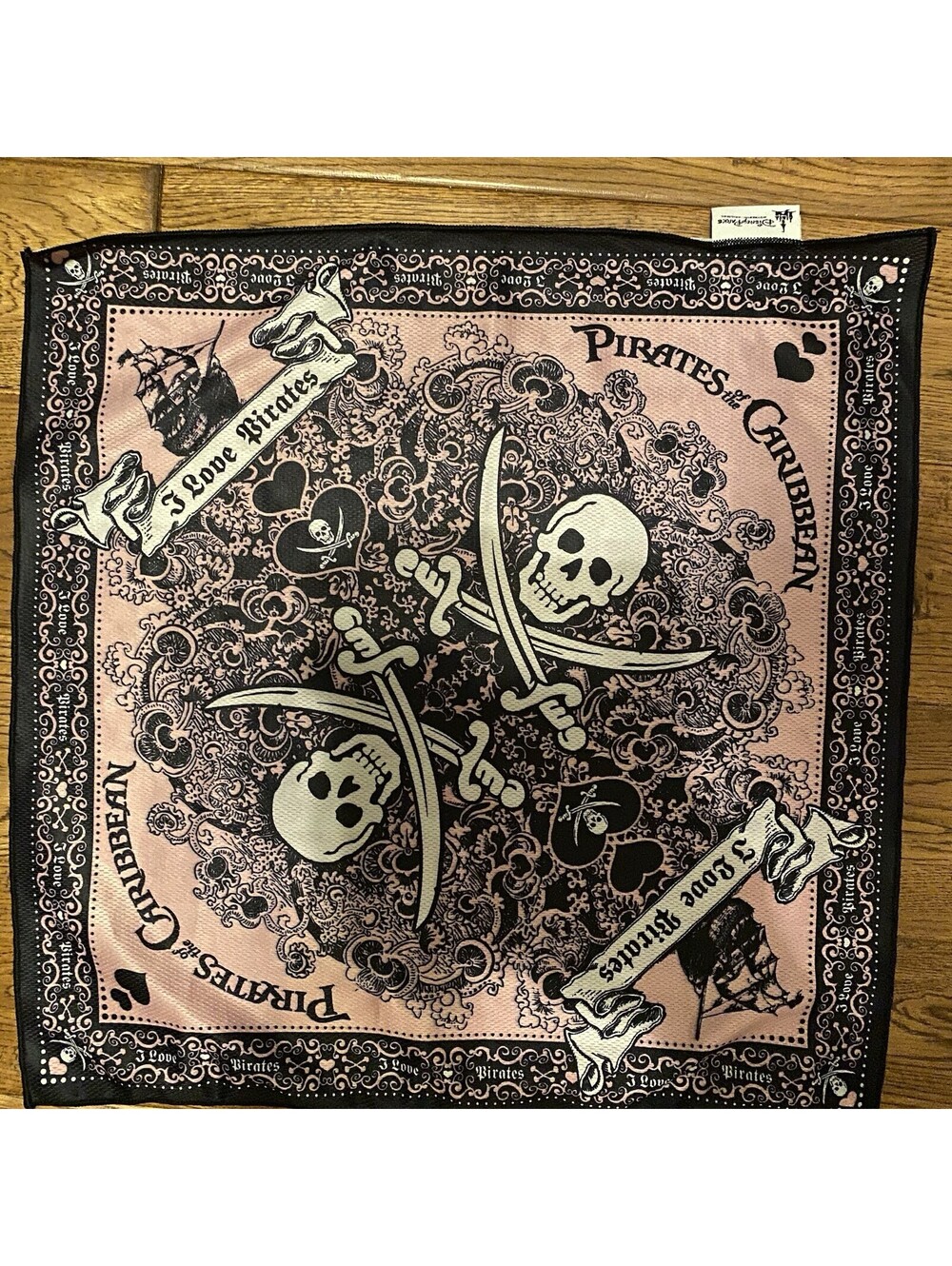 DISNEY PARKS BANDANA 18" x 18" Pirates of the Caribbean SKELETONS Pink & Black